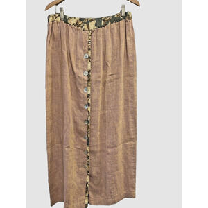Crunch 1 purple peach 100% Linen Button Front Maxi Skirt printed piping Boho Lux